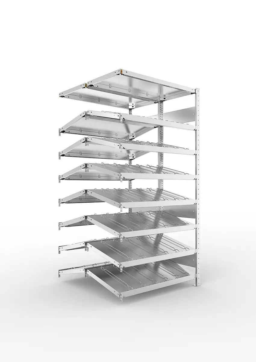 Meta Schrägbodenregal Stecksystem S3 CLIP mit Fachteilerdrähten | Anbauregal | HxBxT 200x100x100cm | 8 Ebenen | Fachlast 200kg | Doppelseitige Bauart | Verzinkt