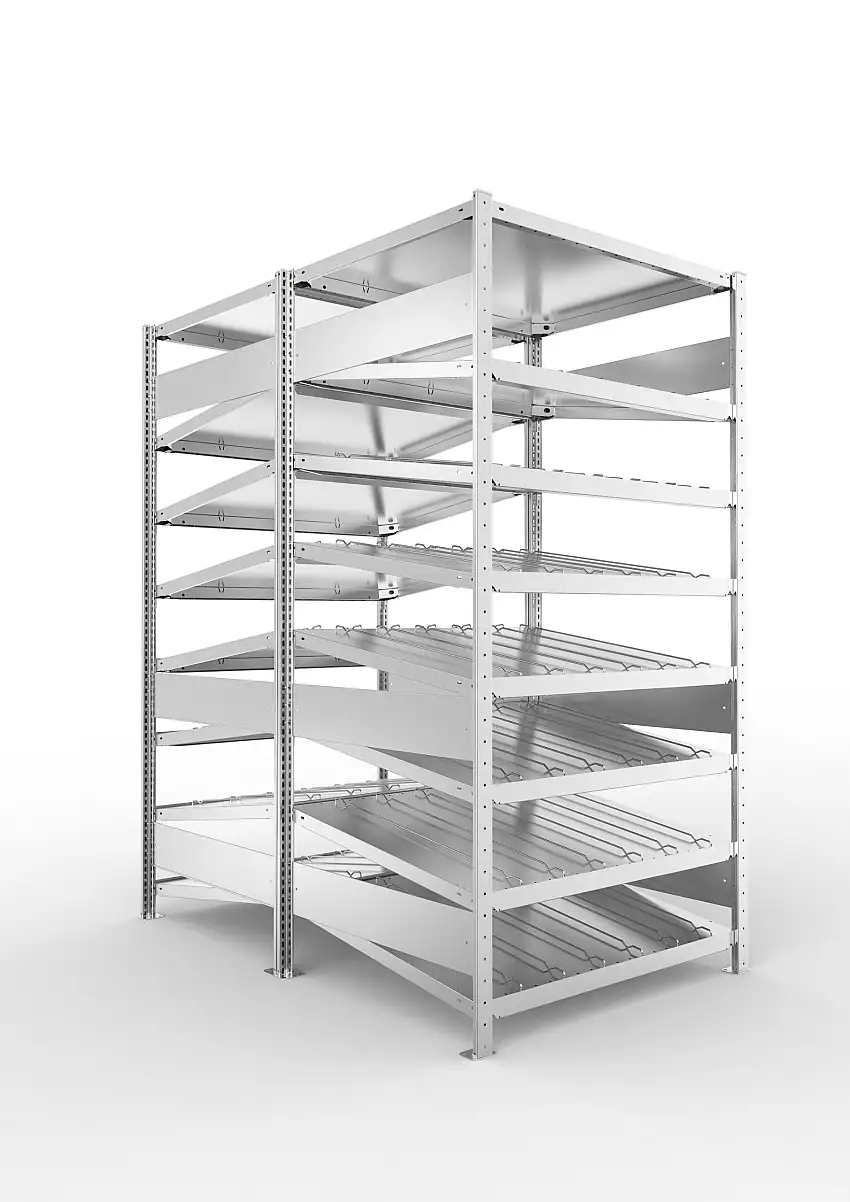 Meta Schrägbodenregal Stecksystem S3 CLIP mit Fachteilerdrähten | Grundregal | HxBxT 200x100x160cm | 8 Ebenen | Fachlast 200kg | Doppelseitige Bauart | Verzinkt
