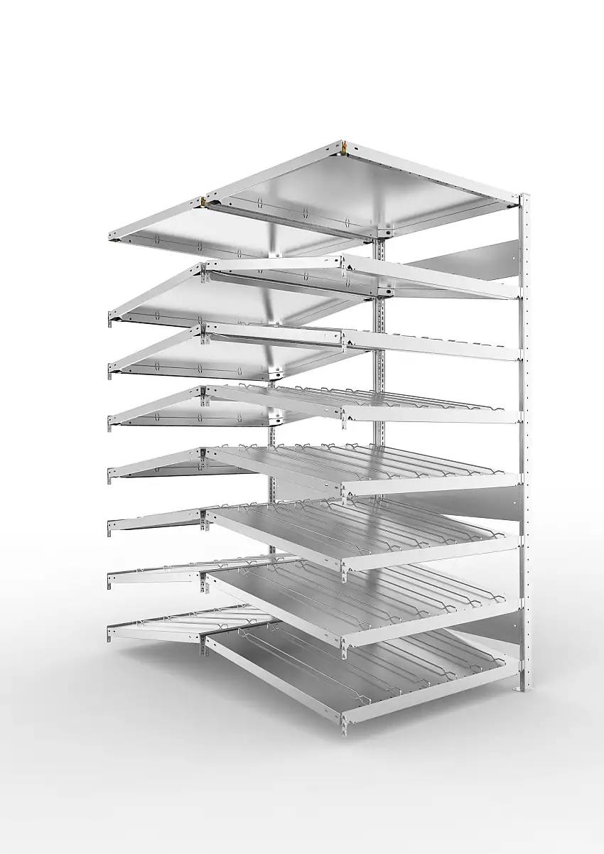 Meta Schrägbodenregal Stecksystem S3 CLIP mit Fachteilerdrähten | Anbauregal | HxBxT 200x100x160cm | 8 Ebenen | Fachlast 200kg | Doppelseitige Bauart | Verzinkt