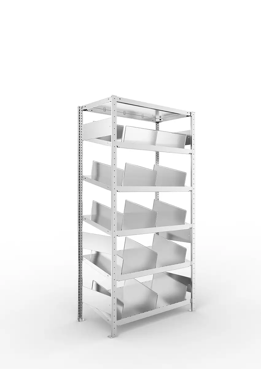 Meta Schrägbodenregal Stecksystem S3 CLIP mit Fachteilern | Grundregal | HxBxT 200x100x50cm | 6 Ebenen | Fachlast 200kg | Einseitig nutzbar | Verzinkt