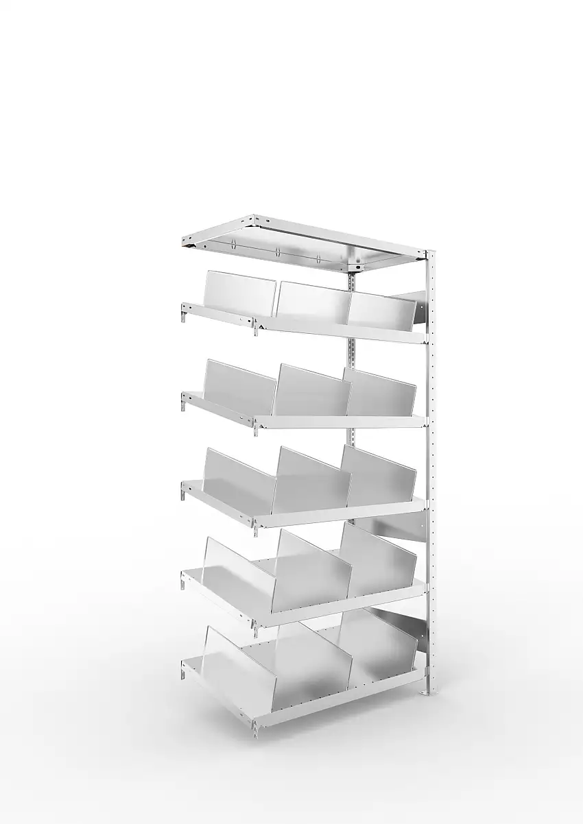 Meta Schrägbodenregal Stecksystem S3 CLIP mit Fachteilern | Anbauregal | HxBxT 200x100x50cm | 6 Ebenen | Fachlast 200kg | Einseitig nutzbar | Verzinkt
