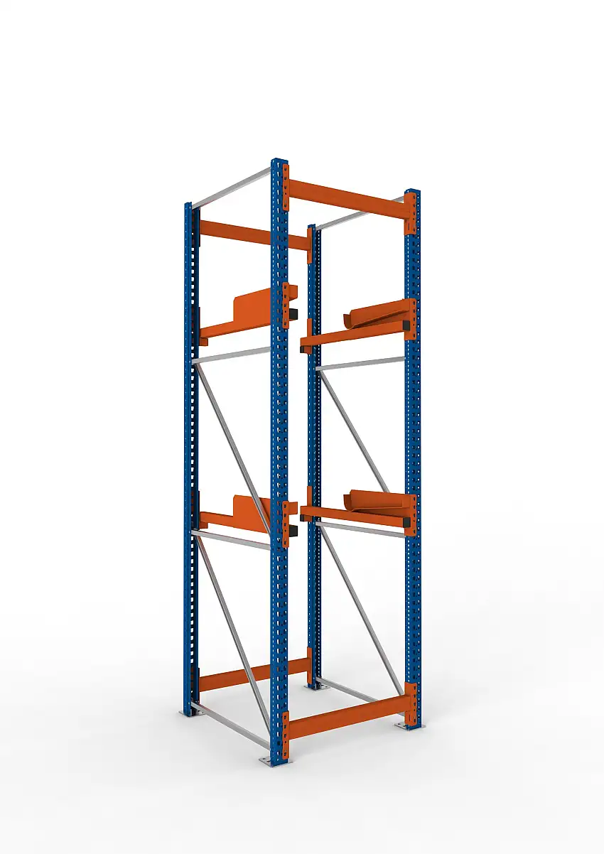 Meta Kabeltrommelregal MULTIPAL Typ 2 | Grundregal | HxBxT 330x90x110cm | 2 Trommelaufnahmen, ohne Achsen | Blau/Orange