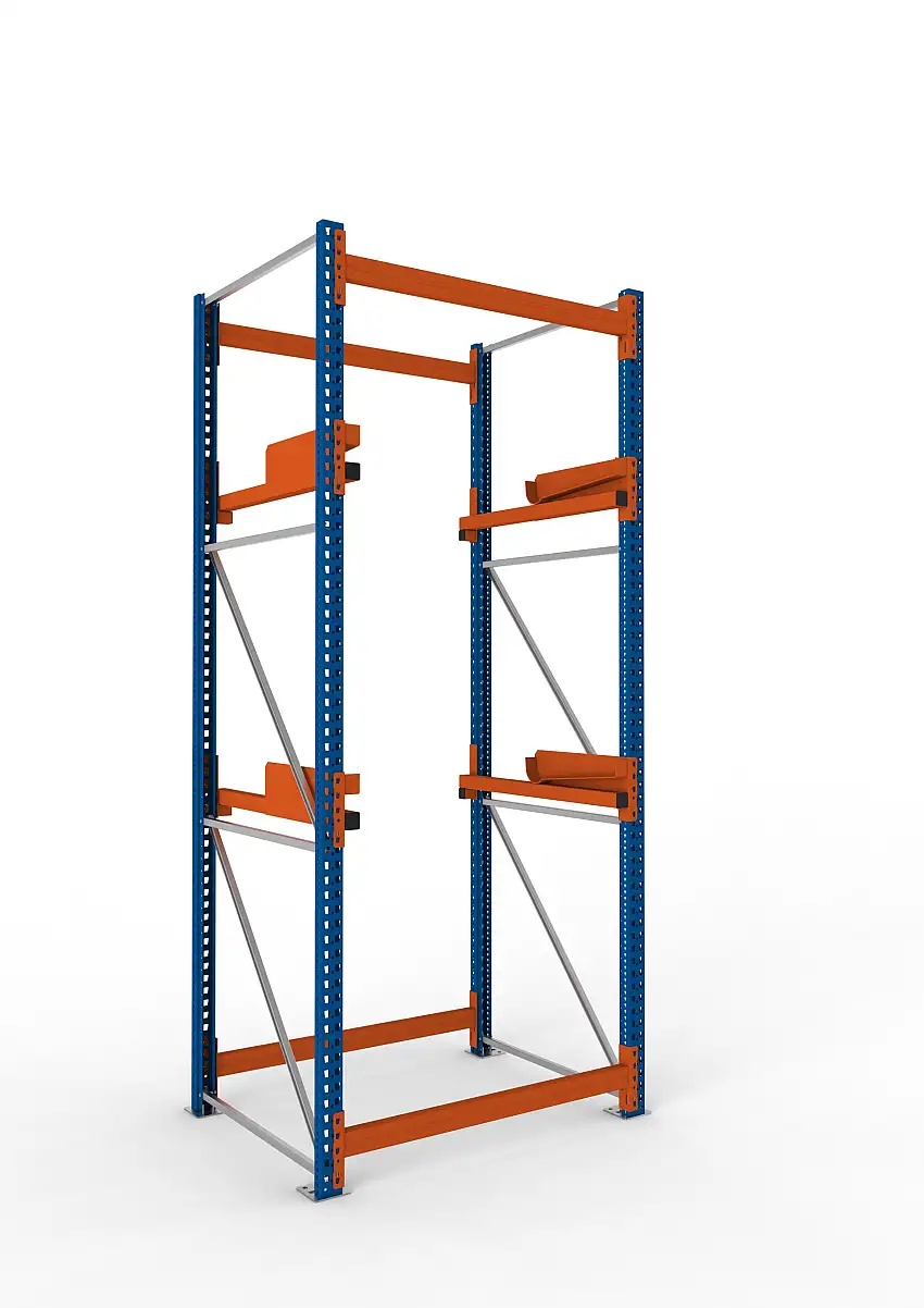 Meta Kabeltrommelregal MULTIPAL Typ 2 | Grundregal | HxBxT 330x130x110cm | 2 Trommelaufnahmen, ohne Achsen | Blau/Orange