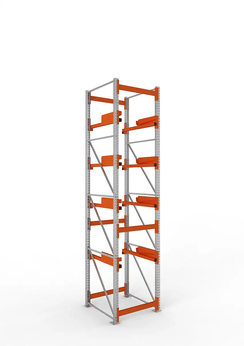 Meta Kabeltrommelregal MULTIPAL Typ 2 | Grundregal | HxBxT 440x90x110cm | 4 Trommelaufnahmen, ohne Achsen | Blau/Orange