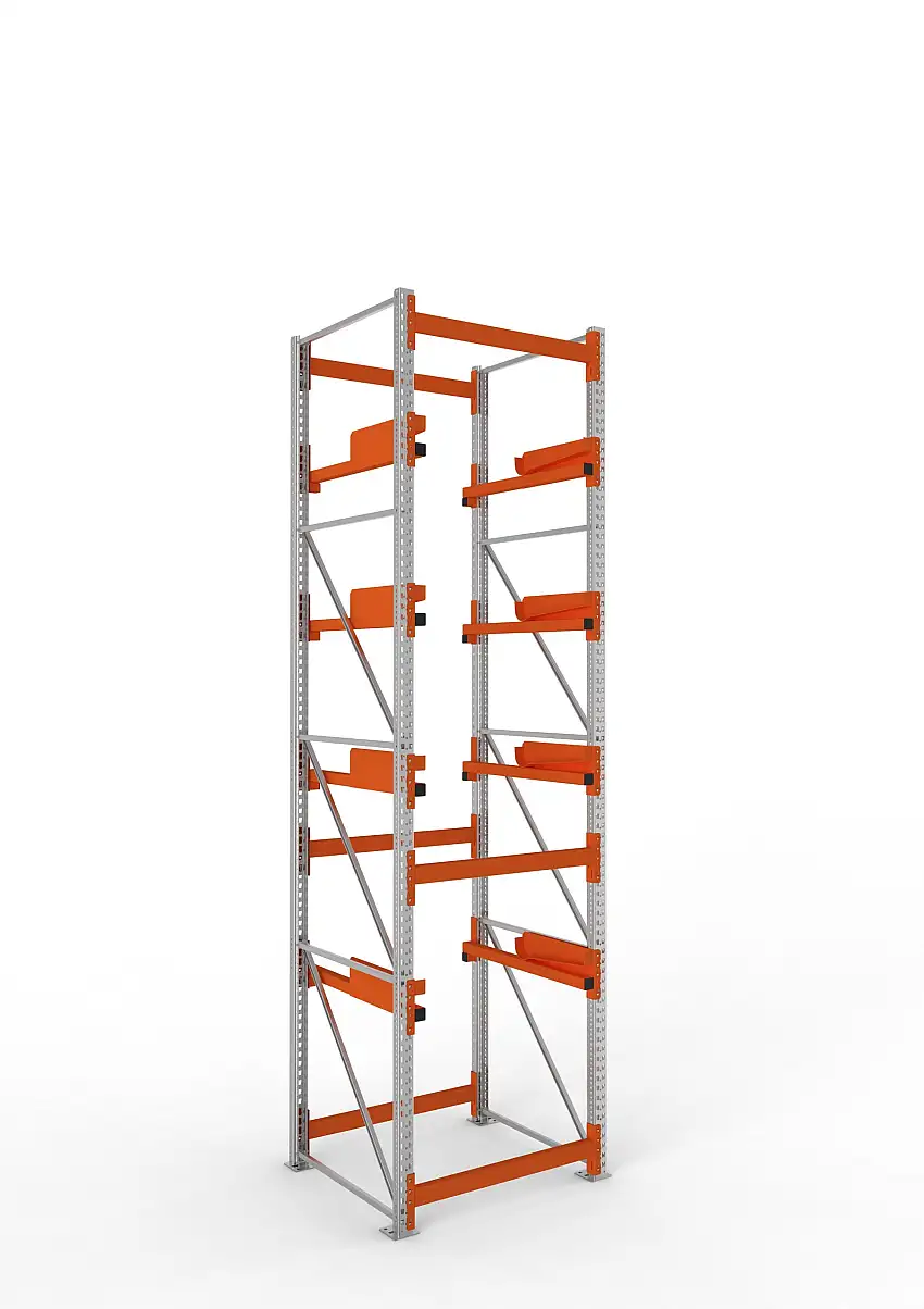 Meta Kabeltrommelregal MULTIPAL Typ 2 | Grundregal | HxBxT 440x110x110cm | 4 Trommelaufnahmen, ohne Achsen | Blau/Orange