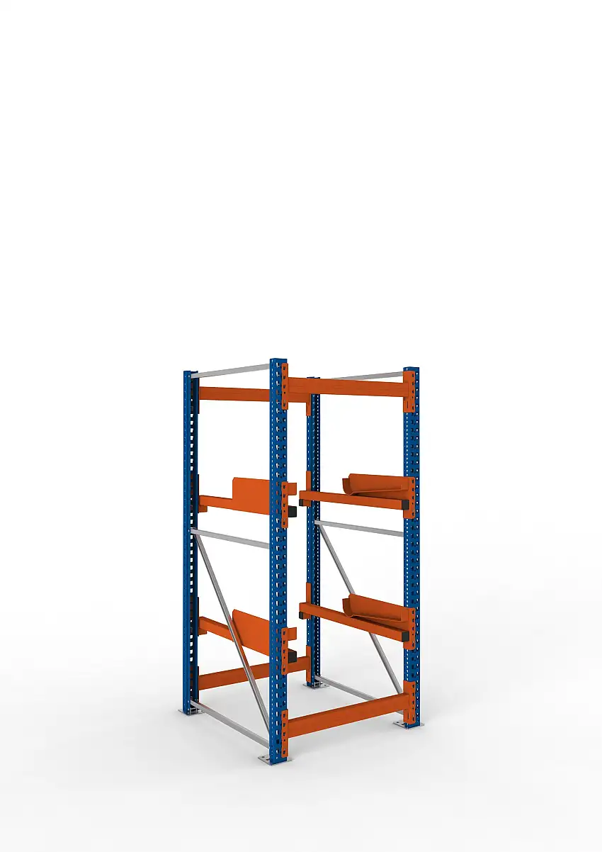 Meta Kabeltrommelregal MULTIPAL Typ 2 | Grundregal | HxBxT 220x90x110cm | 2 Trommelaufnahmen, ohne Achsen | Blau/Orange