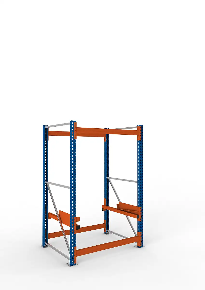 Meta Kabeltrommelregal MULTIPAL Typ 2 | Grundregal | HxBxT 220x130x110cm | 2 Trommelaufnahmen, ohne Achsen | Blau/Orange