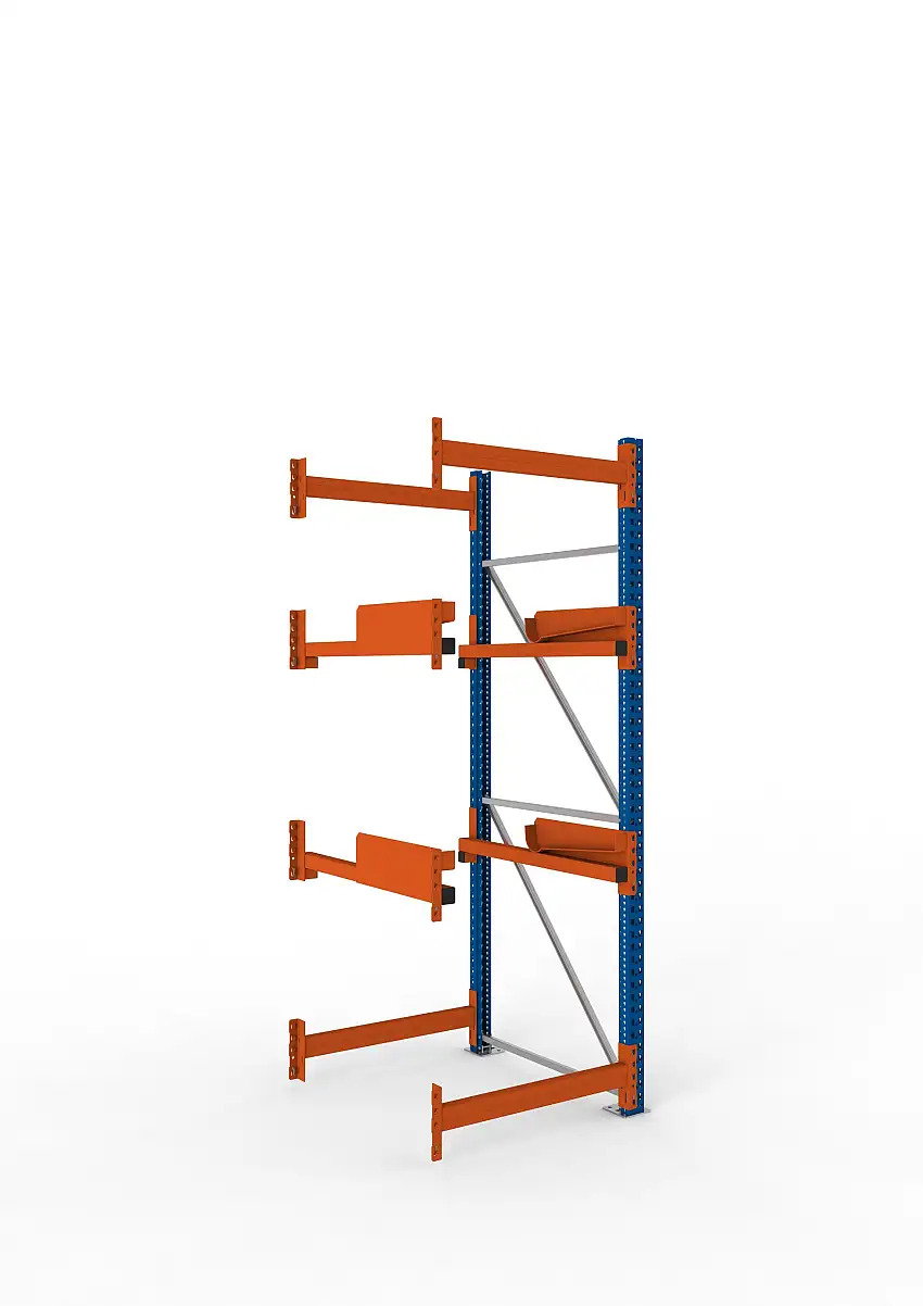 Meta Kabeltrommelregal MULTIPAL Typ 2 | Anbauregal | HxBxT 270x90x110cm | 2 Trommelaufnahmen, ohne Achsen | Blau/Orange