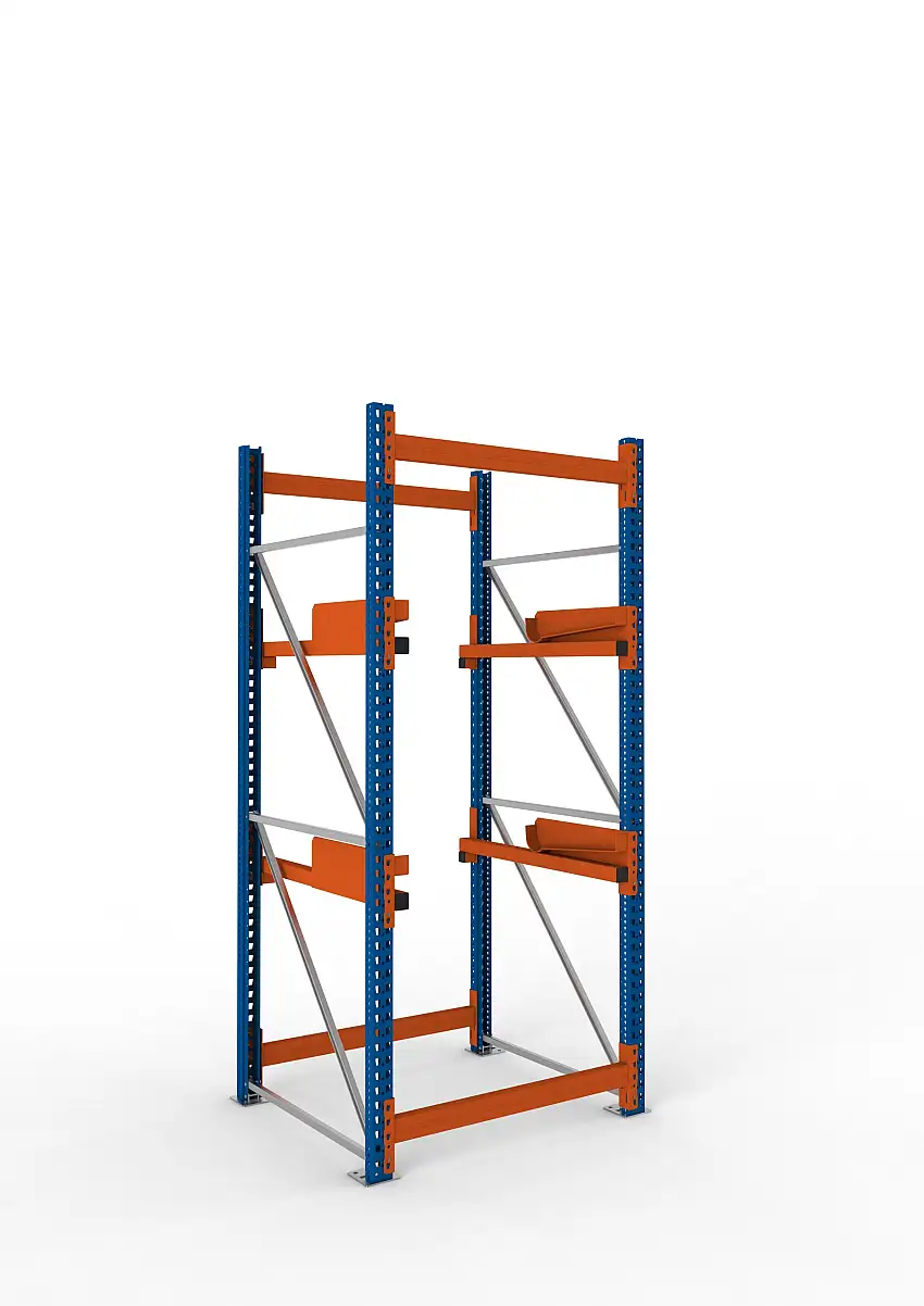 Meta Kabeltrommelregal MULTIPAL Typ 2 | Grundregal | HxBxT 270x110x110cm | 2 Trommelaufnahmen, ohne Achsen | Blau/Orange