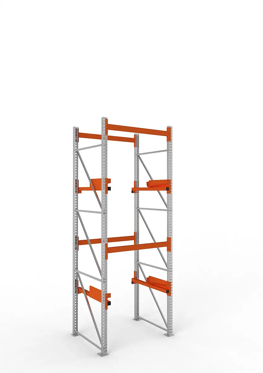 Meta Kabeltrommelregal MULTIPAL Typ 2 | Grundregal | HxBxT 380x130x110cm | 2 Trommelaufnahmen, ohne Achsen | Blau/Orange