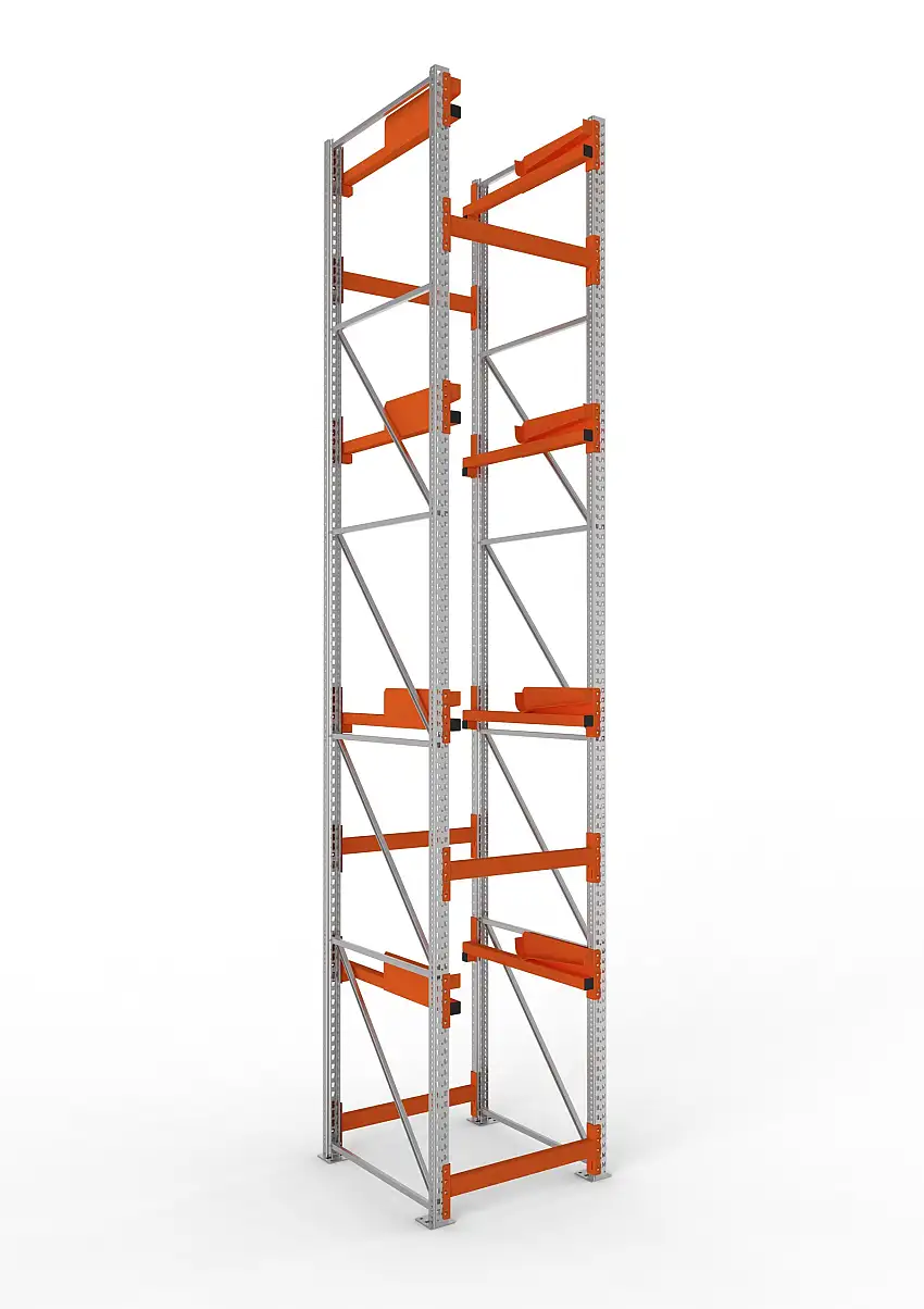 Meta Kabeltrommelregal MULTIPAL Typ 2 | Grundregal | HxBxT 550x90x110cm | 4 Trommelaufnahmen, ohne Achsen | Blau/Orange