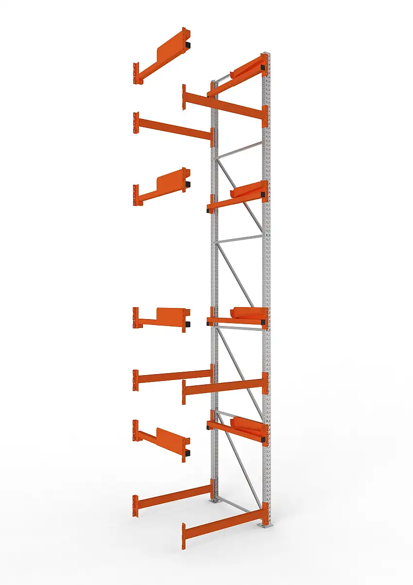 Meta Kabeltrommelregal MULTIPAL Typ 2 | Anbauregal | HxBxT 550x110x110cm | 4 Trommelaufnahmen, ohne Achsen | Blau/Orange