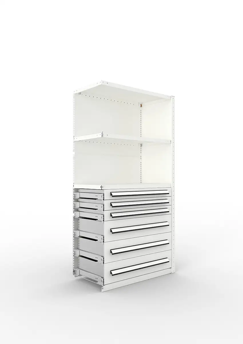 Meta Regal-Schrank-Kombination Stecksystem CLIP | Anbauregal | HxBxT 200x100x50cm | 1 Deckboden, 2 Regalfachböden & 6 Schubladen | Fachlast 100kg | Lichtgrau