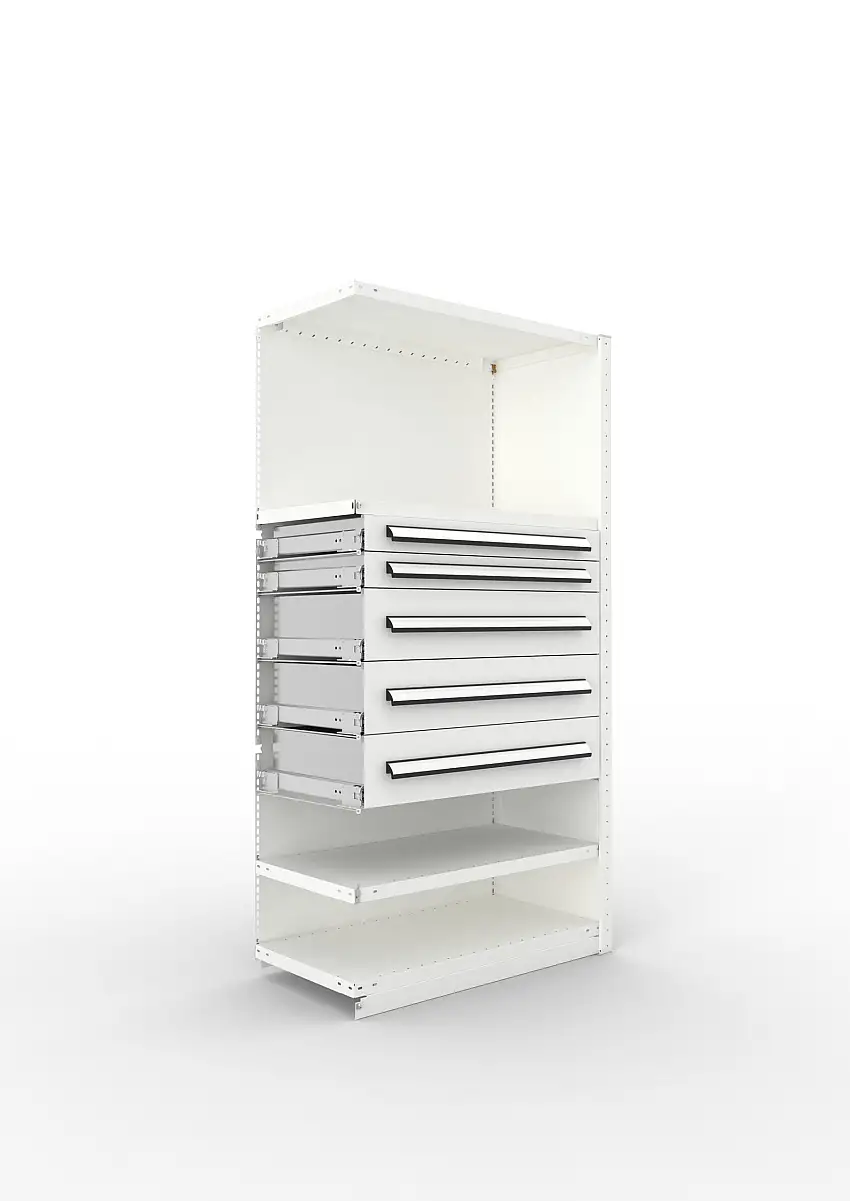 Meta Regal-Schrank-Kombination Stecksystem CLIP | Anbauregal | HxBxT 200x100x50cm | 1 Deckboden, 3 Regalfachböden & 5 Schubladen | Fachlast 100kg | Lichtgrau