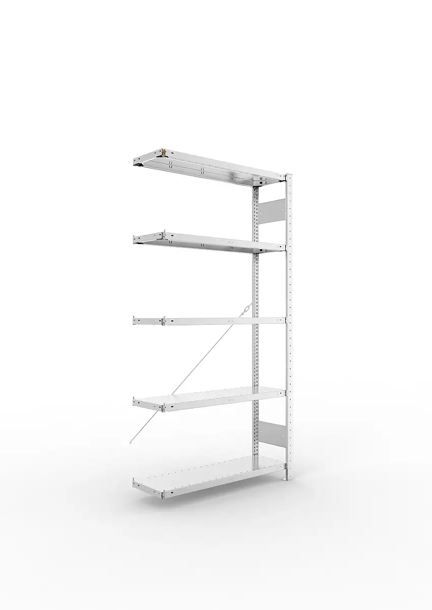 Meta Fachbodenregal Stecksystem CLIP mit vorgefertigten Rahmen | Anbauregal | HxBxT 200x100x30cm | 5 Ebenen | Fachlast 150kg | Einseitig nutzbar | Verzinkt