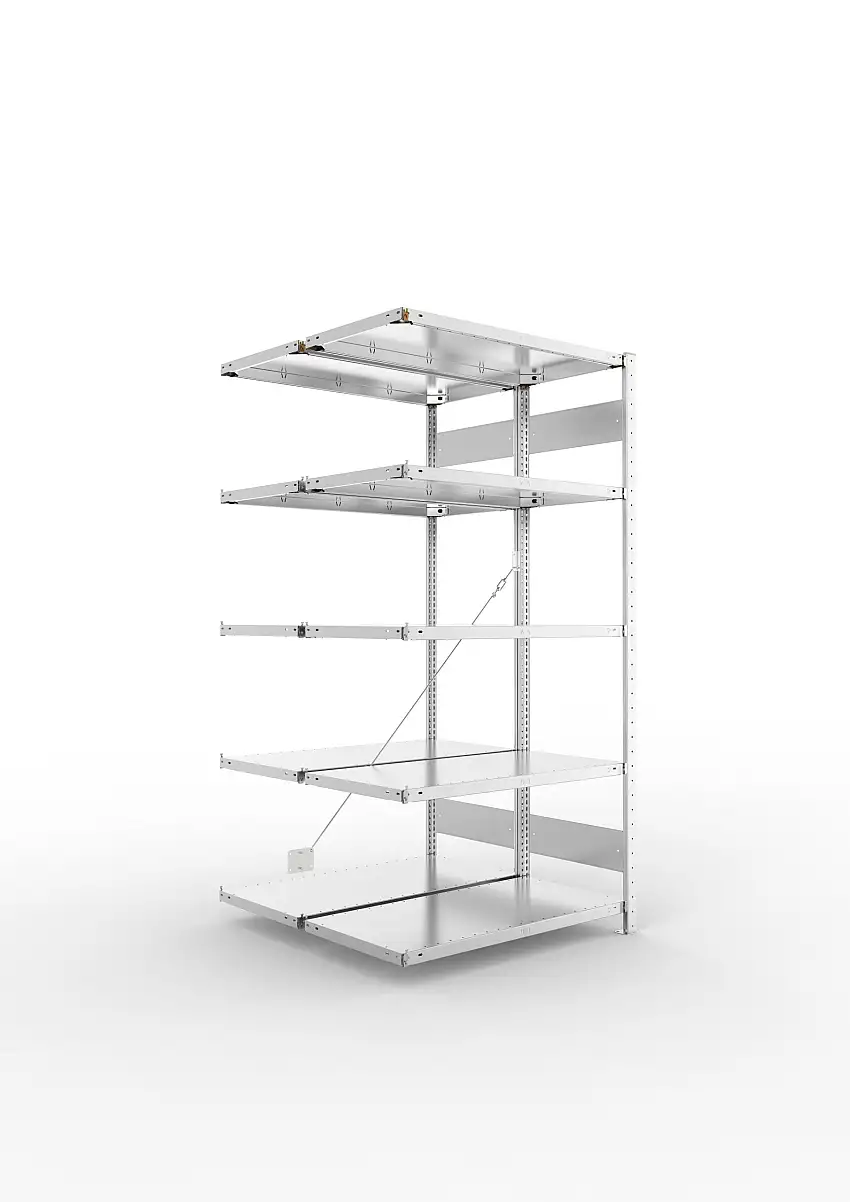 Meta Fachbodenregal Stecksystem CLIP mit vorgefertigten Rahmen | Anbauregal | HxBxT 200x100x100cm | 5 Ebenen | Fachlast 150kg | Doppelseitige Bauart mit Diagonalverstrebung | Verzinkt