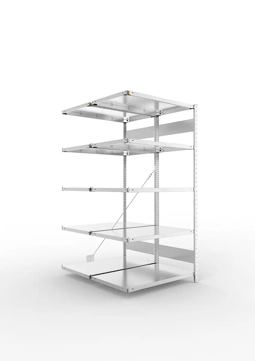 Meta Fachbodenregal Stecksystem CLIP mit vorgefertigten Rahmen | Anbauregal | HxBxT 200x100x120cm | 5 Ebenen | Fachlast 150kg | Doppelseitige Bauart mit Diagonalverstrebung | Verzinkt