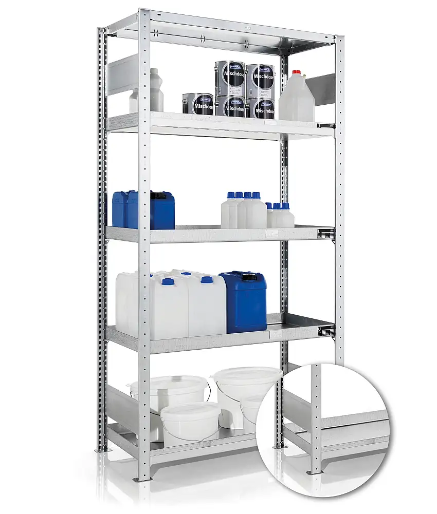 Meta Umweltregale Stecksystem S3 CLIP mit Wannenböden | Grundregal | HxBxT 200x100x50cm | 5 Ebenen | Fachlast 150kg | Verzinkt