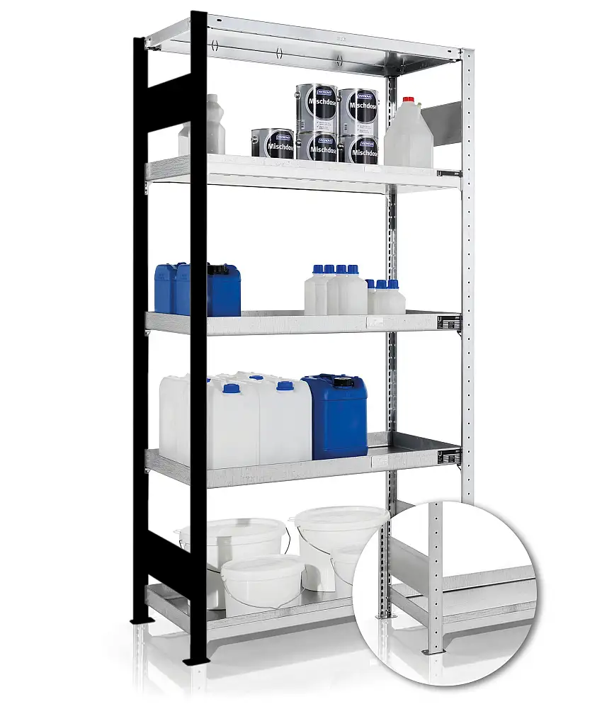 Meta Umweltregale Stecksystem S3 CLIP mit Wannenböden | Anbauregal | HxBxT 200x100x50cm | 5 Ebenen | Fachlast 150kg | Verzinkt