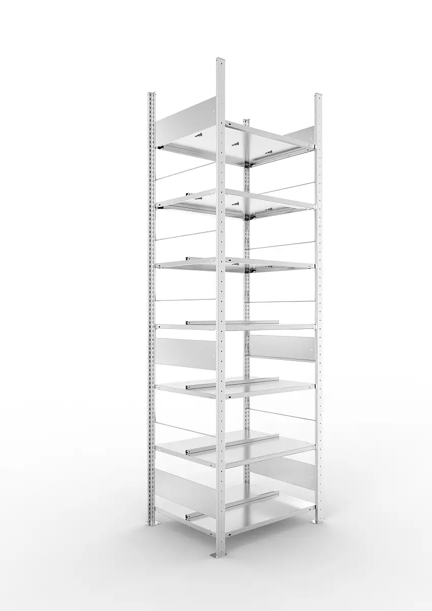 Meta Aktenregal Stecksystem S3 CLIP | Grundregal | HxBxT 250x75x60cm | 7 Ebenen | Fachlast 100kg | Beidseitig nutzbar | Verzinkt