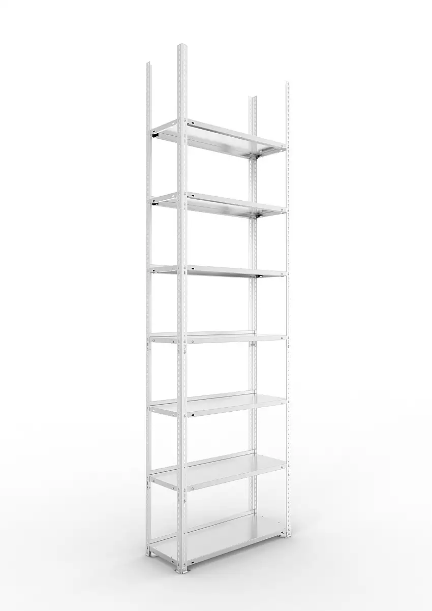 Meta Aktenregal Schraubsystem FIX | Grundregal | HxBxT 250x75x30cm | 7 Ebenen | Fachlast 80kg | Einseitig nutzbar | Verzinkt