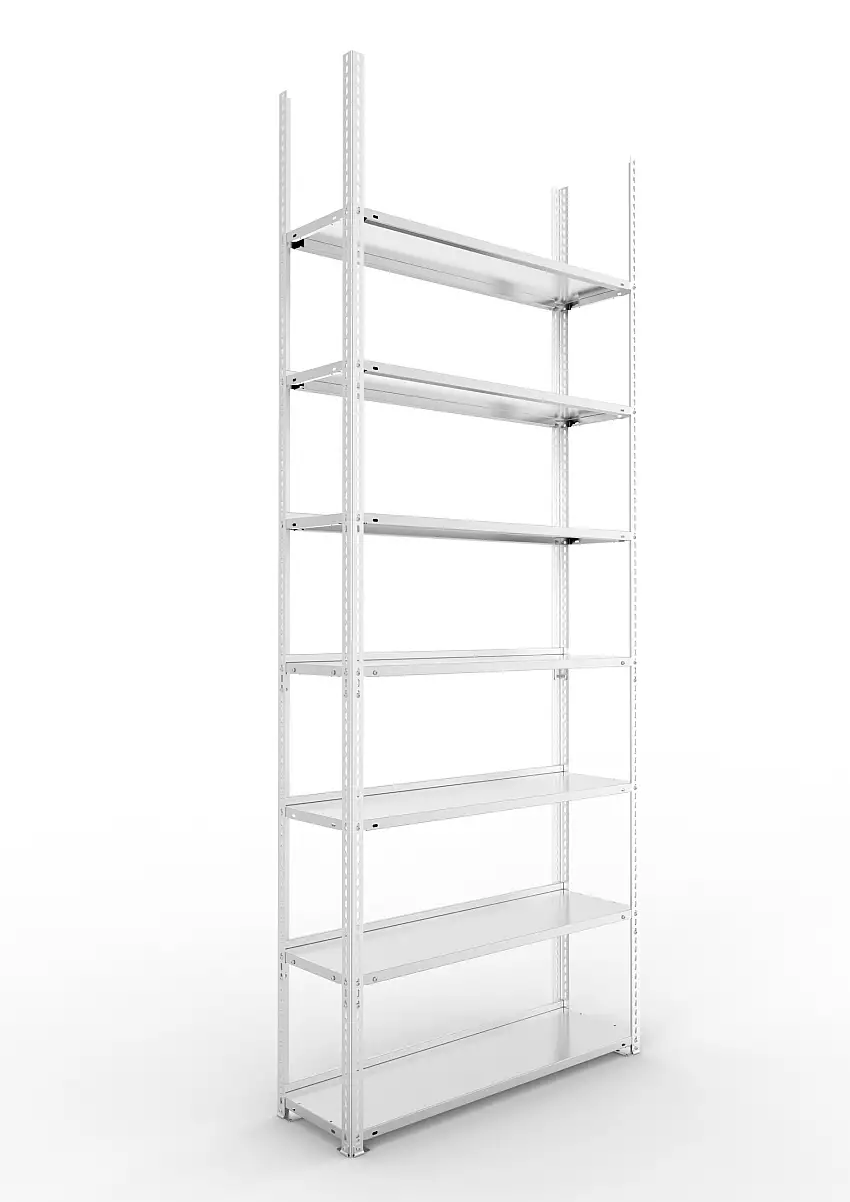 Meta Aktenregal Schraubsystem FIX | Grundregal | HxBxT 250x100x30cm | 7 Ebenen | Fachlast 80kg | Einseitig nutzbar | Verzinkt
