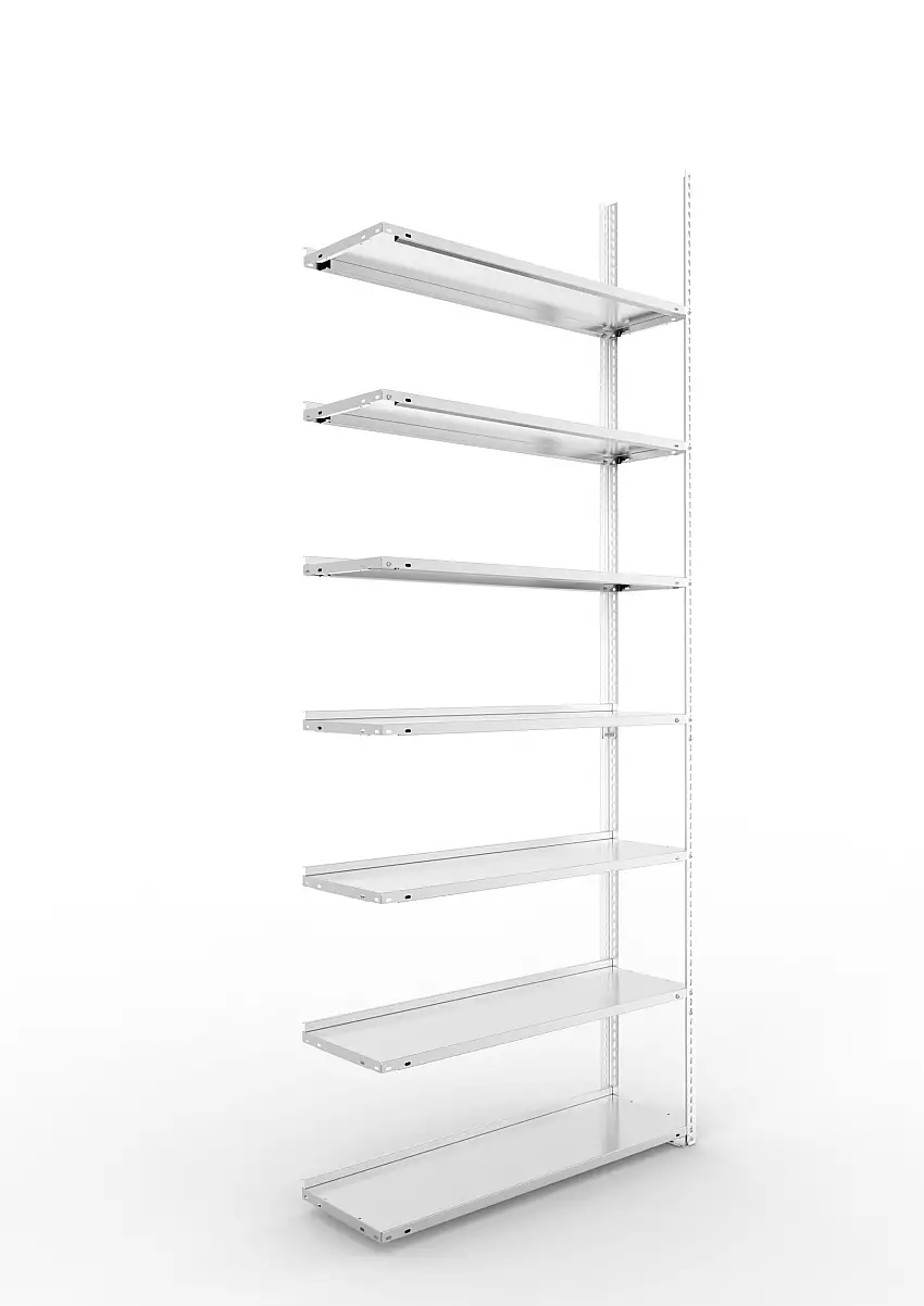 Meta Aktenregal Schraubsystem FIX | Anbauregal | HxBxT 250x100x30cm | 7 Ebenen | Fachlast 80kg | Einseitig nutzbar | Verzinkt