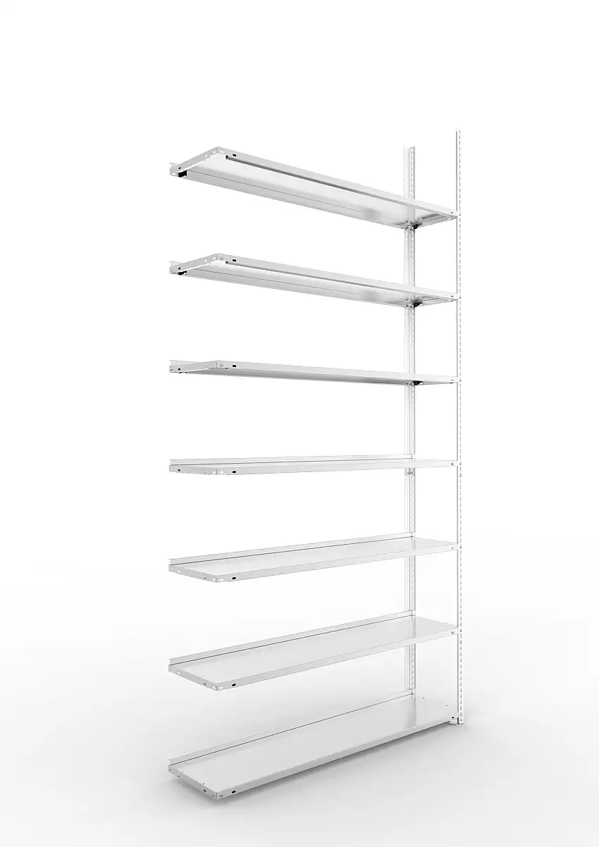 Meta Aktenregal Schraubsystem FIX | Anbauregal | HxBxT 250x125x30cm | 7 Ebenen | Fachlast 80kg | Einseitig nutzbar | Verzinkt