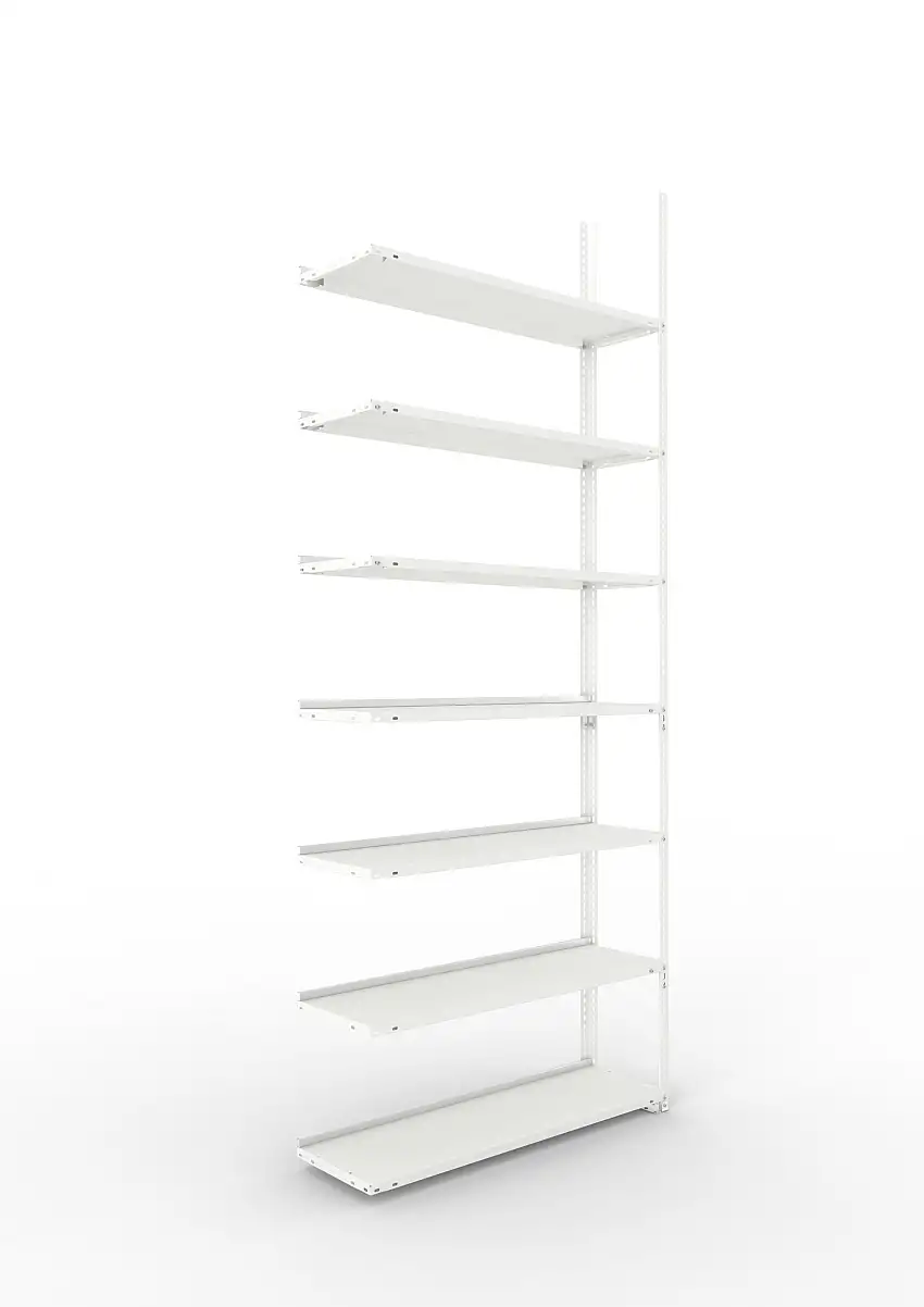 Meta Aktenregal Schraubsystem FIX | Anbauregal | HxBxT 250x100x30cm | 7 Ebenen | Fachlast 80kg | Einseitig nutzbar | Lichtgrau