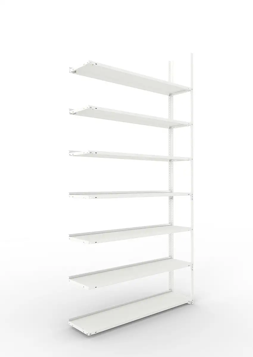 Meta Aktenregal Schraubsystem FIX | Anbauregal | HxBxT 250x125x30cm | 7 Ebenen | Fachlast 80kg | Einseitig nutzbar | Lichtgrau