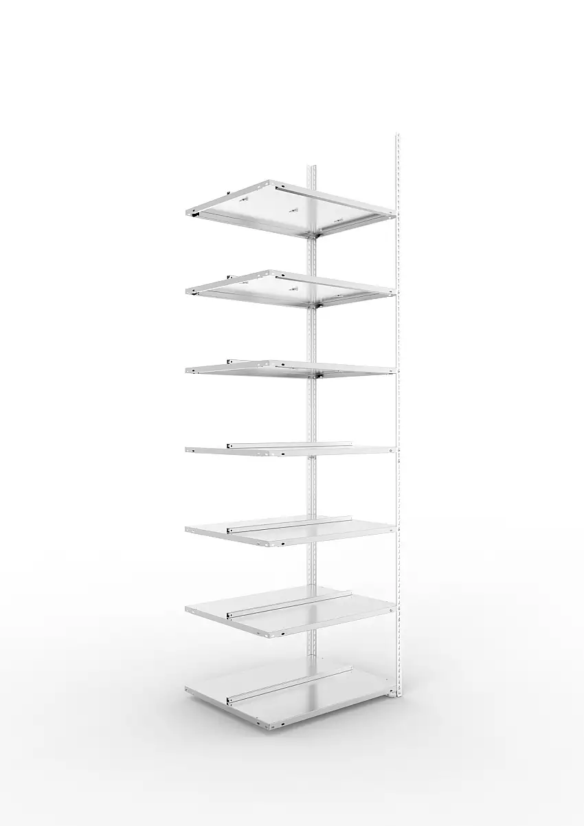 Meta Aktenregal Schraubsystem FIX | Anbauregal | HxBxT 250x75x60cm | 7 Ebenen | Fachlast 100kg | Beidseitig nutzbar | Verzinkt