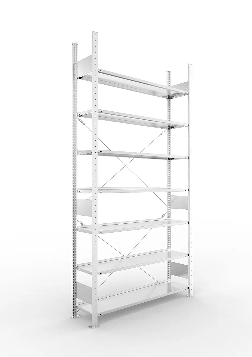Meta Aktenregal Stecksystem S3 CLIP | Grundregal | HxBxT 250x125x30cm | 7 Ebenen | Fachlast 80kg | Einseitig nutzbar | Verzinkt