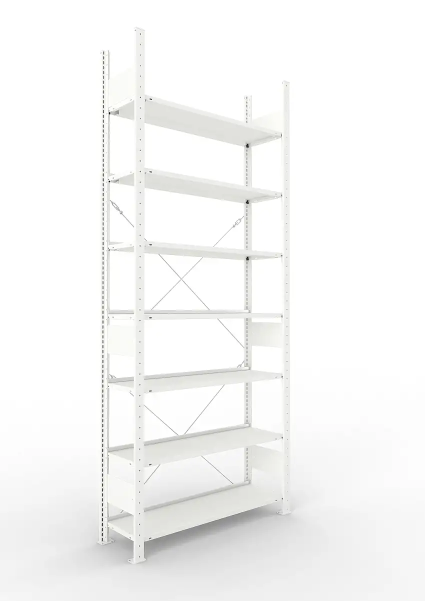 Meta Aktenregal Stecksystem CLIP mit vorgefertigten Rahmen | Grundregal | HxBxT 250x100x30cm | 7 Ebenen | Fachlast 80kg | Einseitig nutzbar | Lichtgrau