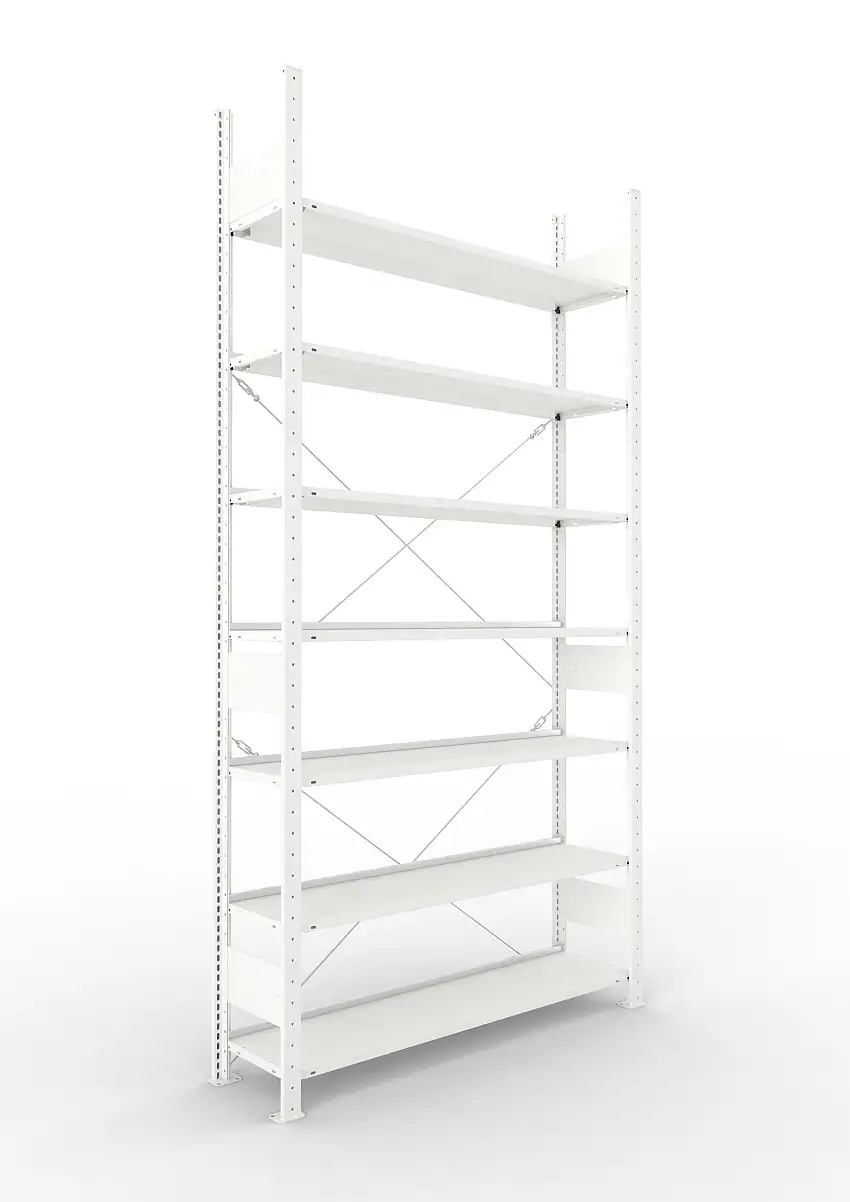 Meta Aktenregal Stecksystem CLIP mit vorgefertigten Rahmen | Grundregal | HxBxT 250x125x30cm | 7 Ebenen | Fachlast 80kg | Einseitig nutzbar | Lichtgrau