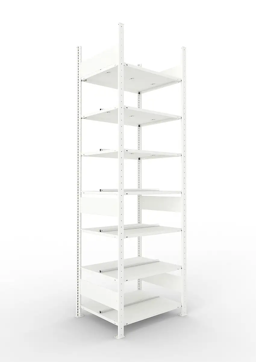 Meta Aktenregal Stecksystem CLIP mit vorgefertigten Rahmen | Grundregal | HxBxT 250x75x60cm | 7 Ebenen | Fachlast 100kg | Beidseitig nutzbar | Lichtgrau