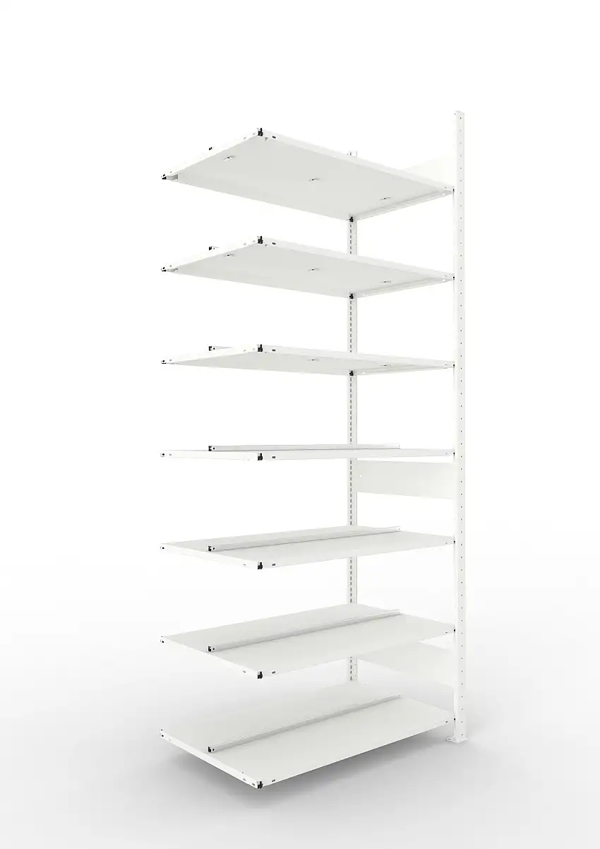 Meta Aktenregal Stecksystem CLIP mit vorgefertigten Rahmen | Anbauregal | HxBxT 250x100x60cm | 7 Ebenen | Fachlast 100kg | Beidseitig nutzbar | Lichtgrau