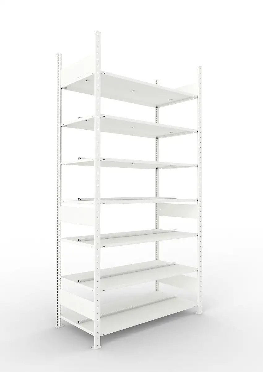 Meta Aktenregal Stecksystem CLIP mit vorgefertigten Rahmen | Grundregal | HxBxT 250x125x60cm | 7 Ebenen | Fachlast 100kg | Beidseitig nutzbar | Lichtgrau
