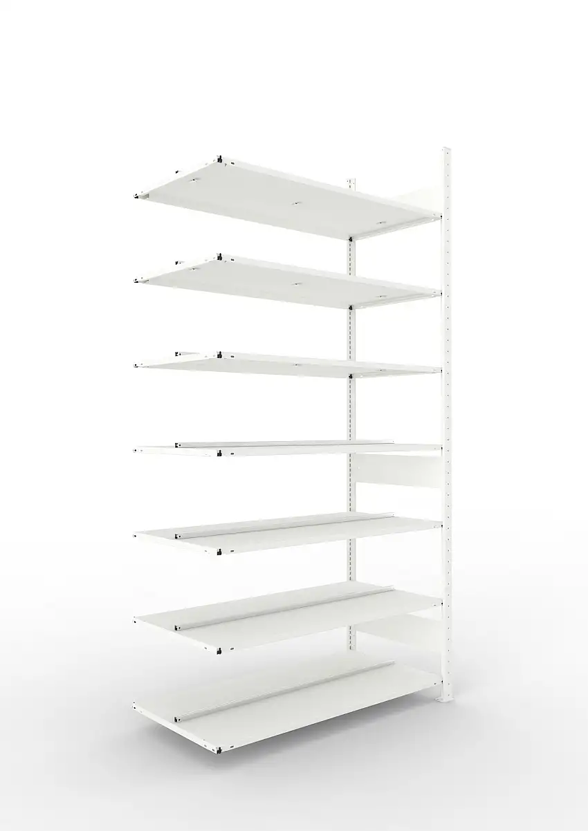 Meta Aktenregal Stecksystem CLIP mit vorgefertigten Rahmen | Anbauregal | HxBxT 250x125x60cm | 7 Ebenen | Fachlast 100kg | Beidseitig nutzbar | Lichtgrau