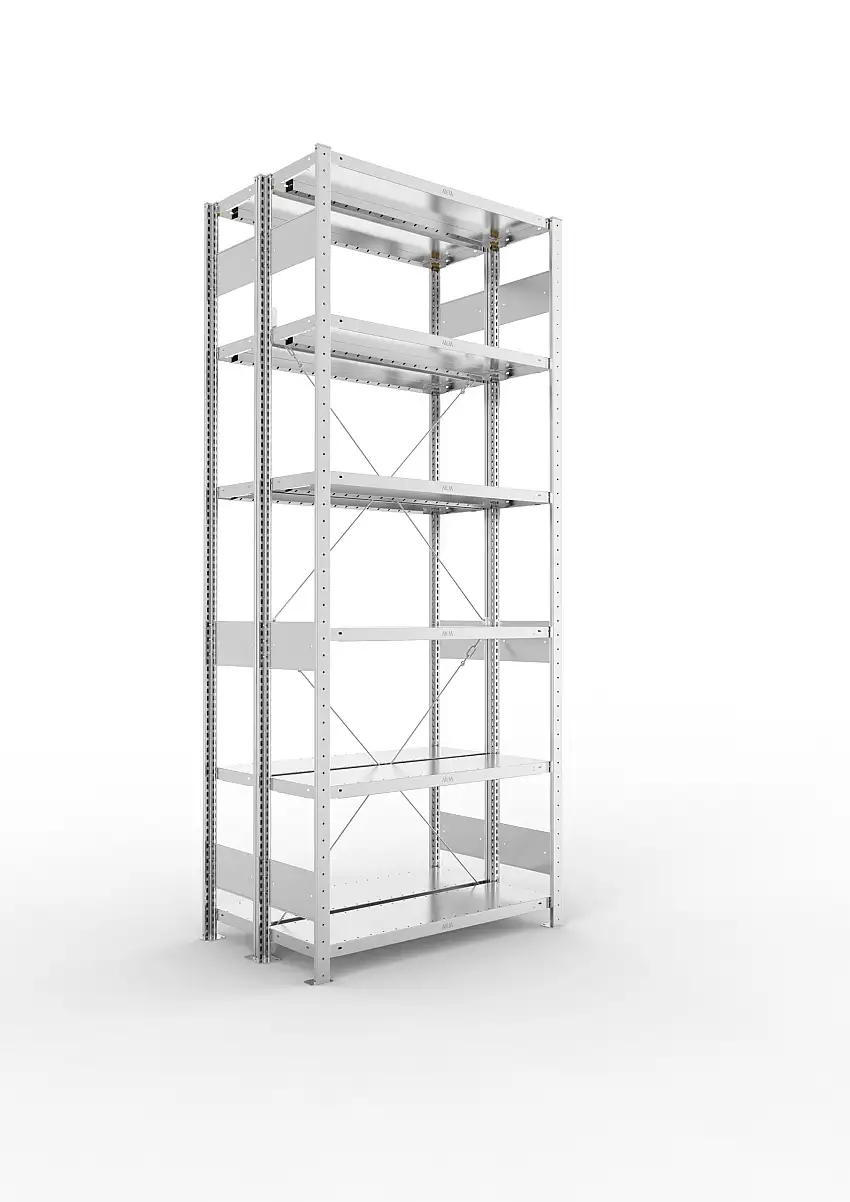 Meta Fachbodenregal Stecksystem S3 CLIP | Grundregal | HxBxT 250x100x60cm | 6 Ebenen | Fachlast 100kg | Doppelseitige Bauart mit Diagonalverstrebung | Verzinkt