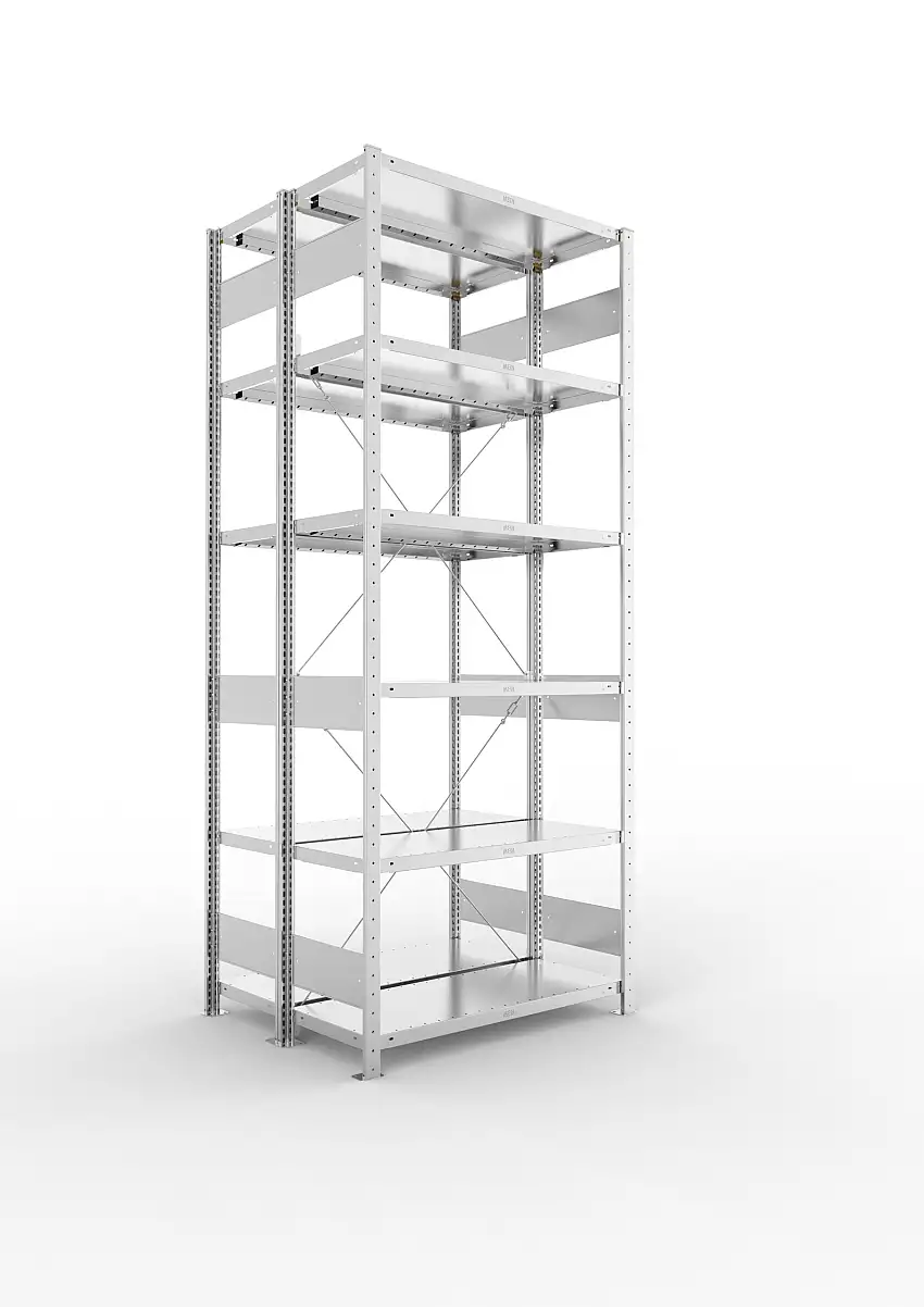 Meta Fachbodenregal Stecksystem S3 CLIP | Grundregal | HxBxT 250x100x80cm | 6 Ebenen | Fachlast 100kg | Doppelseitige Bauart mit Diagonalverstrebung | Verzinkt