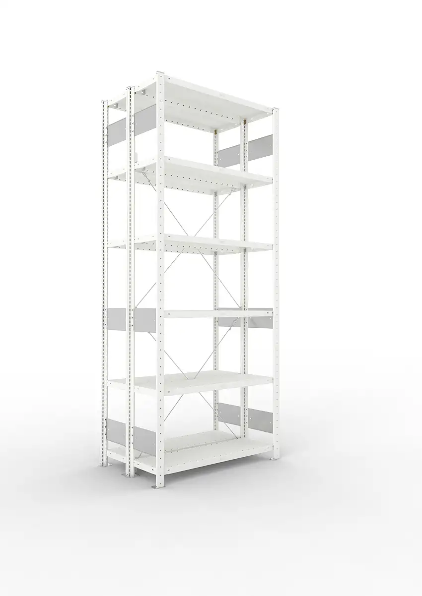Meta Fachbodenregal Stecksystem S3 CLIP | Grundregal | HxBxT 250x100x60cm | 6 Ebenen | Fachlast 100kg | Doppelseitige Bauart mit Diagonalverstrebung | Lichtgrau