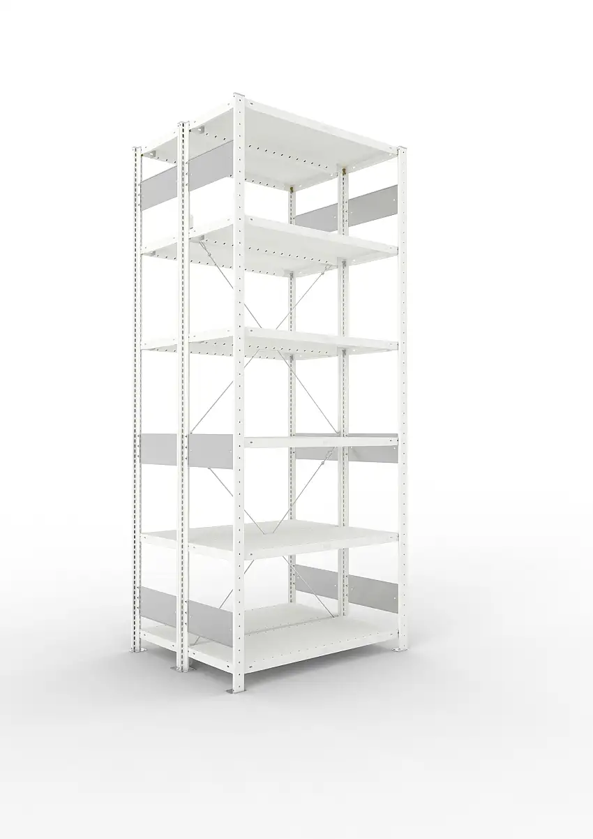Meta Fachbodenregal Stecksystem S3 CLIP | Grundregal | HxBxT 250x100x80cm | 6 Ebenen | Fachlast 100kg | Doppelseitige Bauart mit Diagonalverstrebung | Lichtgrau