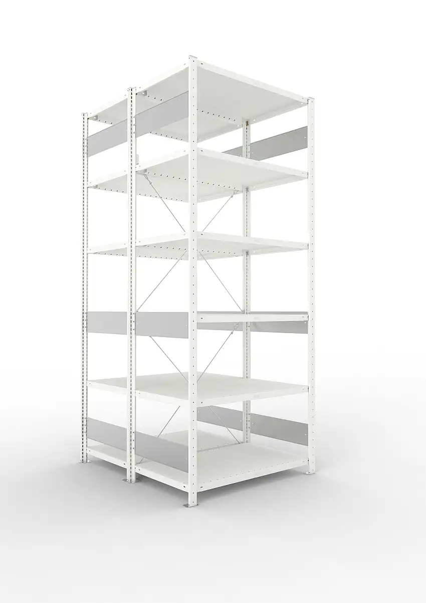 Meta Fachbodenregal Stecksystem S3 CLIP | Grundregal | HxBxT 250x100x120cm | 6 Ebenen | Fachlast 100kg | Doppelseitige Bauart mit Diagonalverstrebung | Lichtgrau