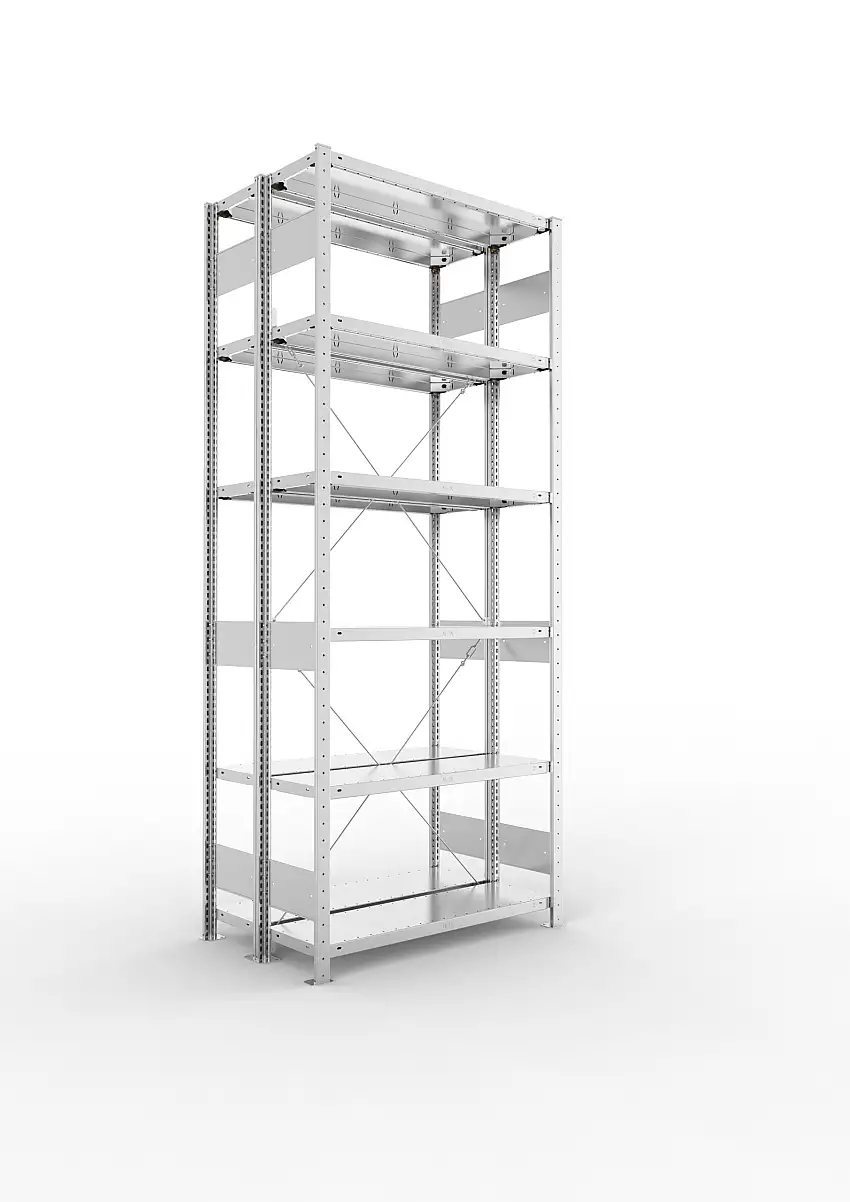 Meta Fachbodenregal Stecksystem S3 CLIP | Grundregal | HxBxT 250x100x60cm | 6 Ebenen | Fachlast 150kg | Doppelseitige Bauart mit Diagonalverstrebung | Verzinkt