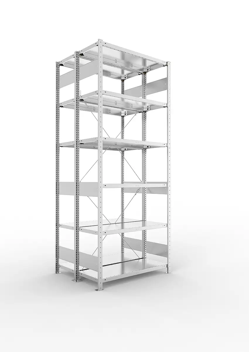 Meta Fachbodenregal Stecksystem S3 CLIP | Grundregal | HxBxT 250x100x80cm | 6 Ebenen | Fachlast 150kg | Doppelseitige Bauart mit Diagonalverstrebung | Verzinkt