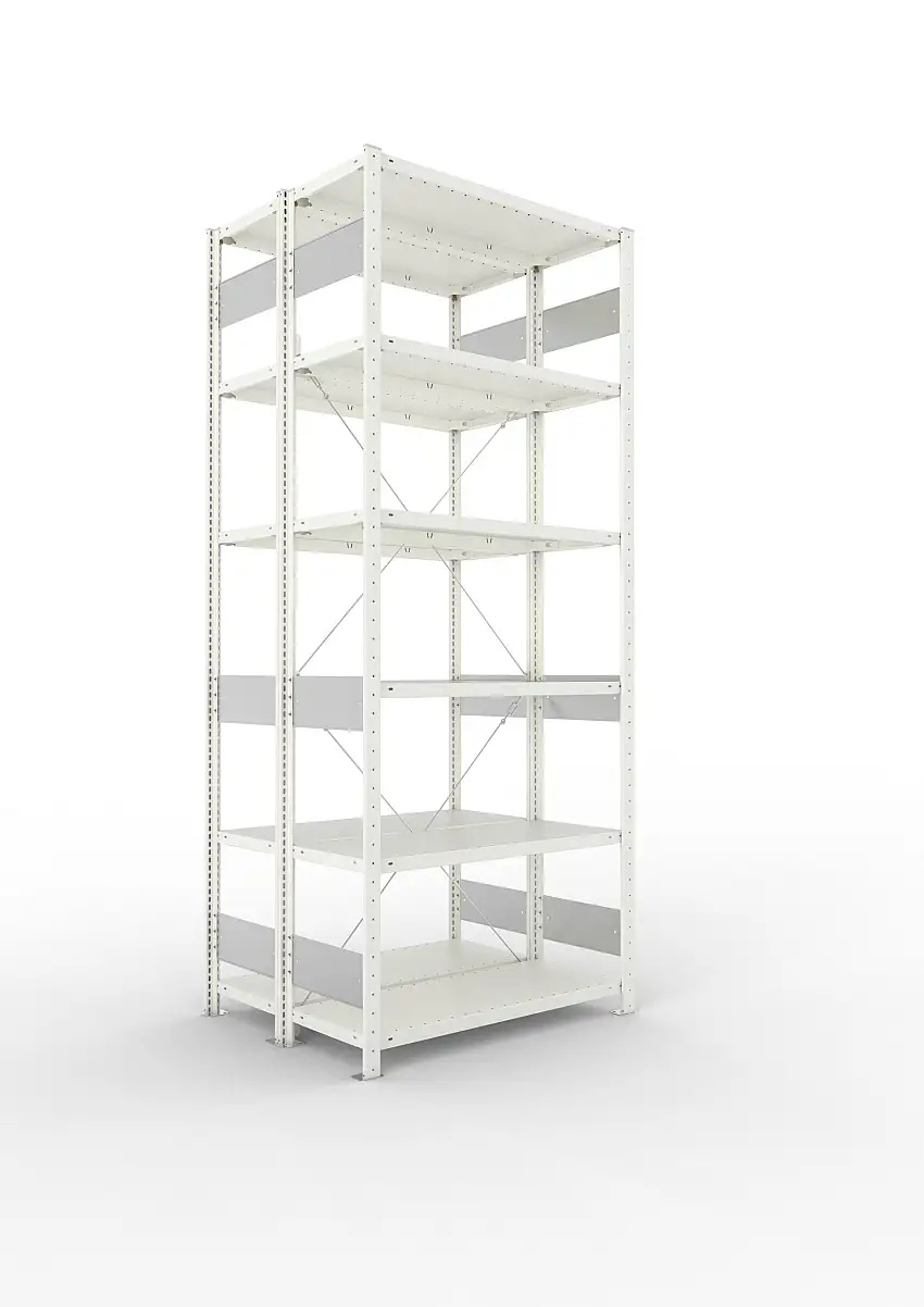 Meta Fachbodenregal Stecksystem S3 CLIP | Grundregal | HxBxT 250x100x80cm | 6 Ebenen | Fachlast 150kg | Doppelseitige Bauart mit Diagonalverstrebung | Lichtgrau