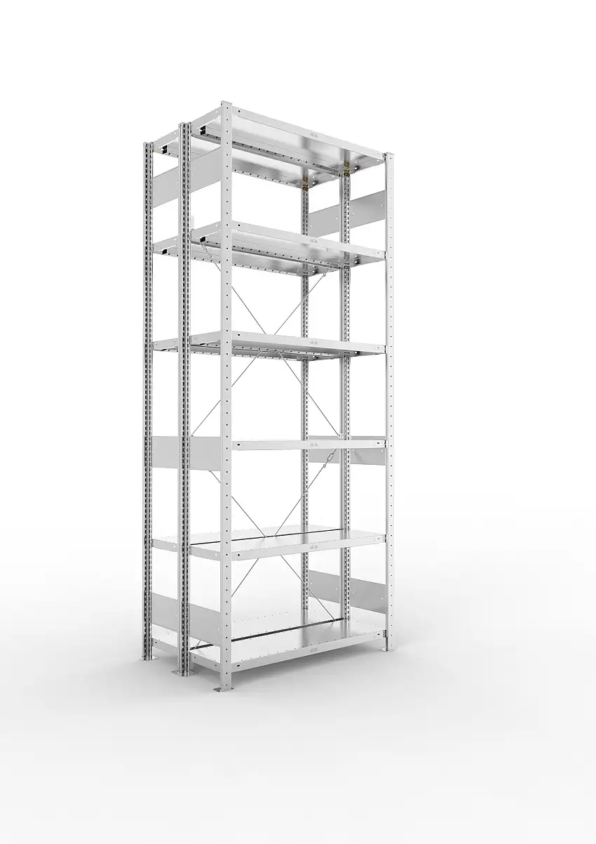 Meta Fachbodenregal Stecksystem S3 CLIP | Grundregal | HxBxT 250x100x60cm | 6 Ebenen | Fachlast 230kg | Doppelseitige Bauart mit Diagonalverstrebung | Verzinkt