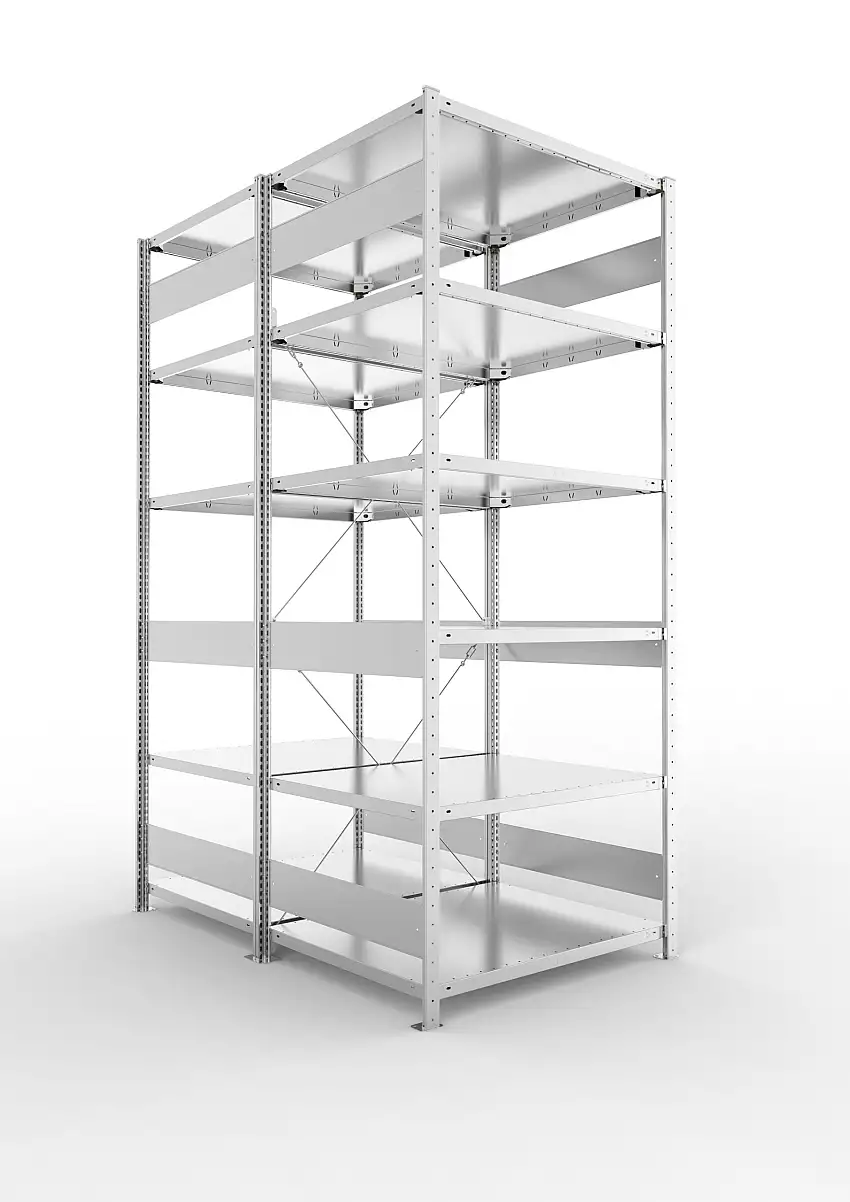 Meta Fachbodenregal Stecksystem S3 CLIP | Grundregal | HxBxT 250x100x160cm | 6 Ebenen | Fachlast 230kg | Doppelseitige Bauart mit Diagonalverstrebung | Verzinkt