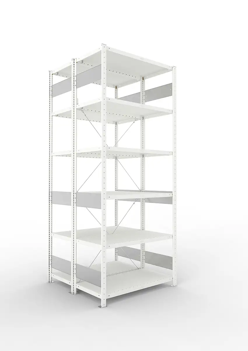 Meta Fachbodenregal Stecksystem S3 CLIP | Grundregal | HxBxT 250x100x80cm | 6 Ebenen | Fachlast 230kg | Doppelseitige Bauart mit Diagonalverstrebung | Lichtgrau