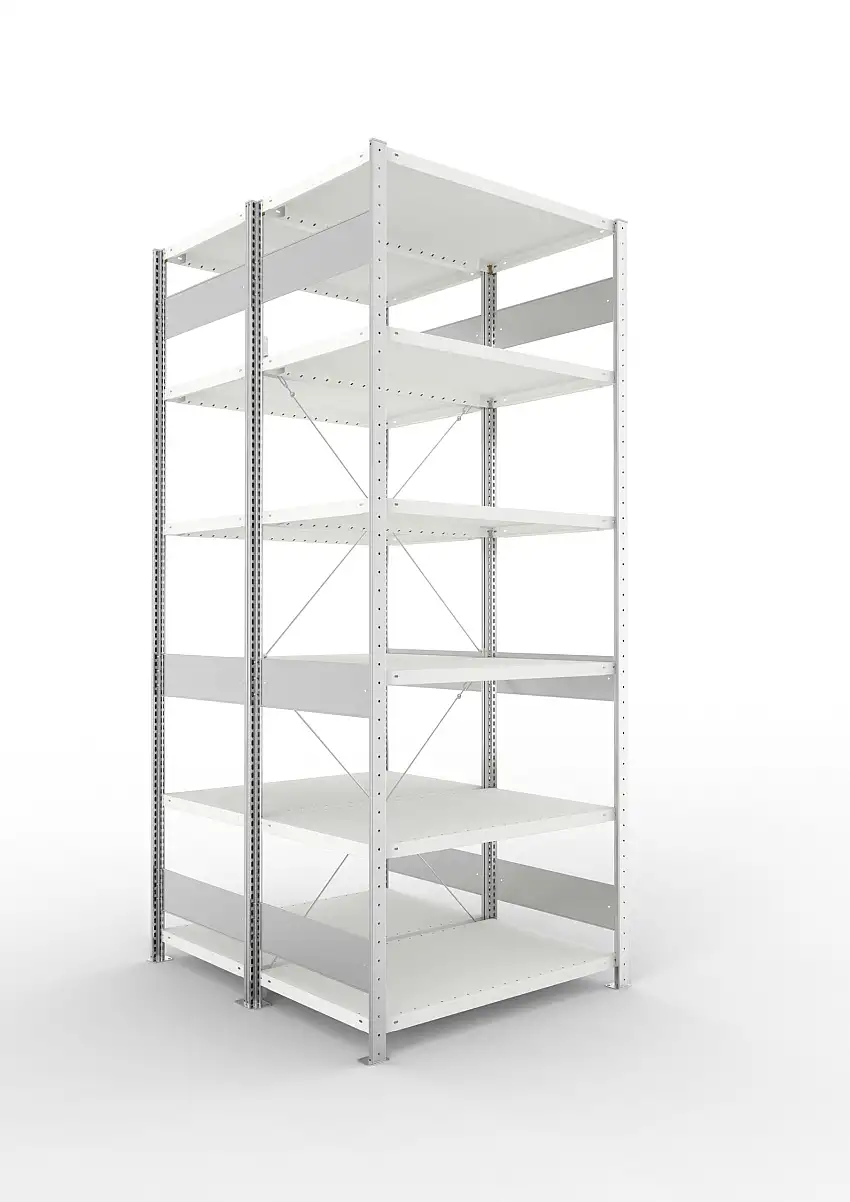 Meta Fachbodenregal Stecksystem S3 CLIP | Grundregal | HxBxT 250x100x120cm | 6 Ebenen | Fachlast 230kg | Doppelseitige Bauart mit Diagonalverstrebung | Lichtgrau